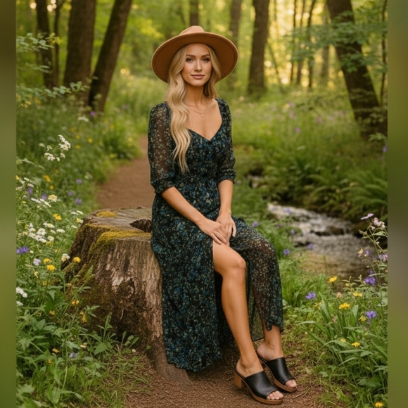 🌿Francesca's Miami Women's sz Medium Fully lined Green Floral Sheer Maxi Dress - Picture 11 of 13